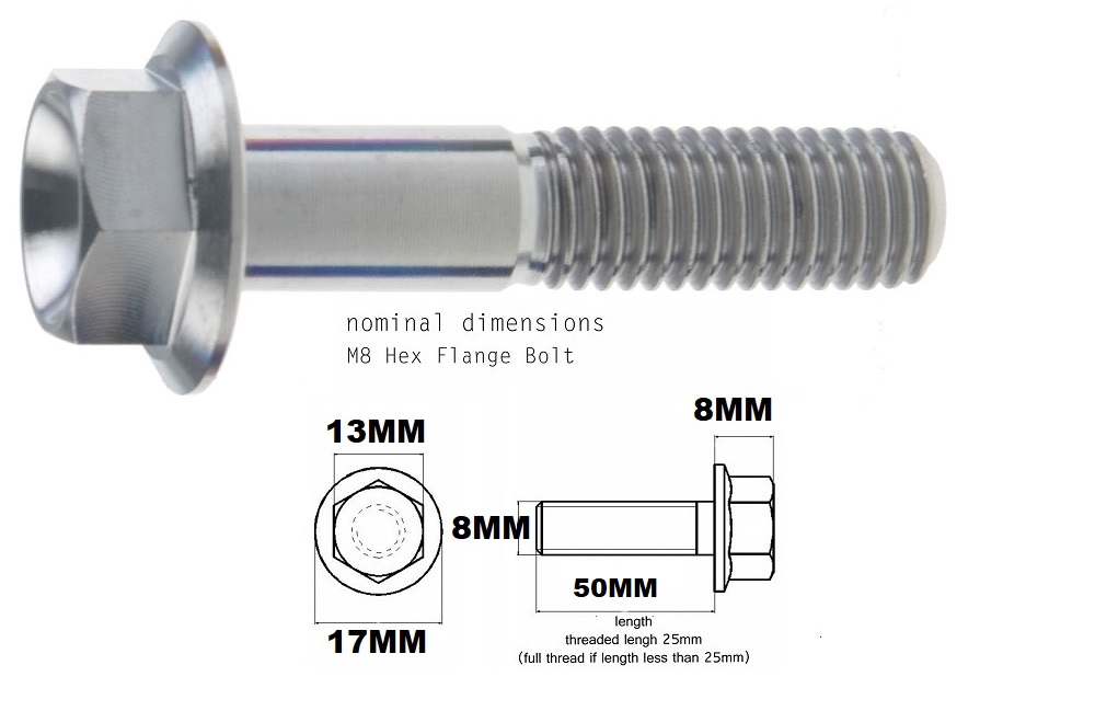 M8X50MM 1.25 THREAD PITCH TITANIUM FLANGE 13MM HEX BOLT GRADE 5